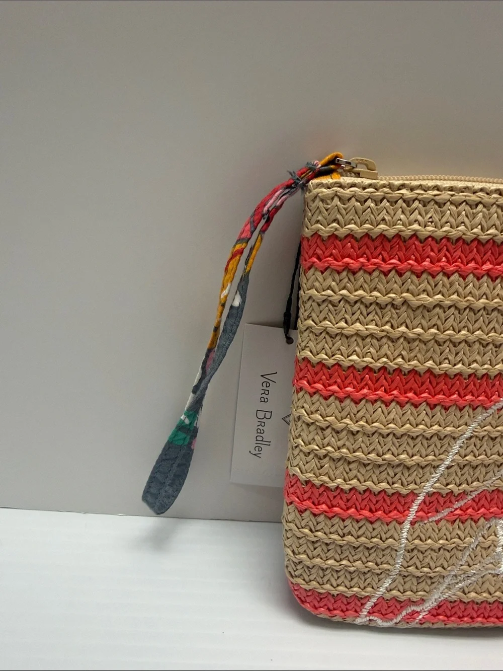 Vera Bradley Woven Straw Wristlet Pouch with Coral Stripe and Parrot Embroidery